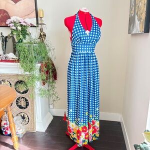 Blue Gingham Halter Maxi Dress with Floral Border